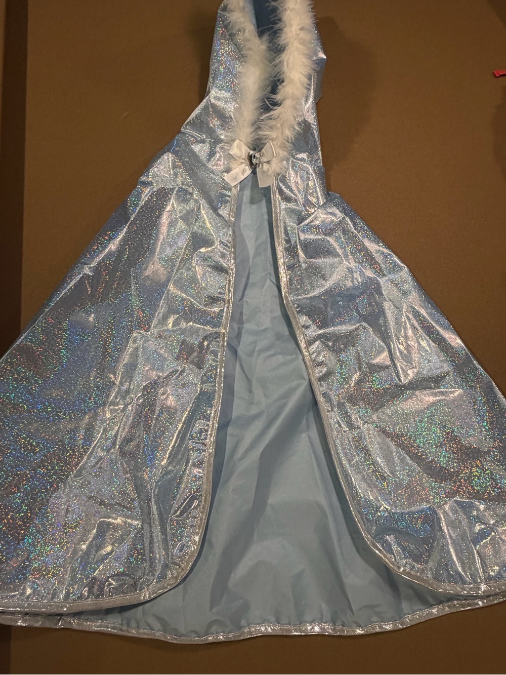 Expressions Iridescent Light Blue Hooded Cape with White Faux Fur Trim